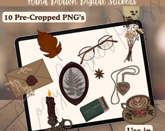 Cozy Academia Digital Sticker Set- Hand Drawn PNG’s for Goodnotes, Journaling, and Scrapbooking.
