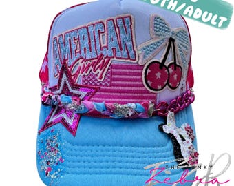 Adult Patriotic Designer Pink American Girly Stars Blue & Pink Patch Foam Hat - Youth - Adult
