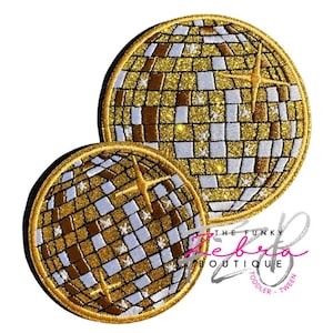 Disco Ball Yellow Gold Glitter Checkered Embroidered Iron On Trucker Hat Patch - 2 Sizes