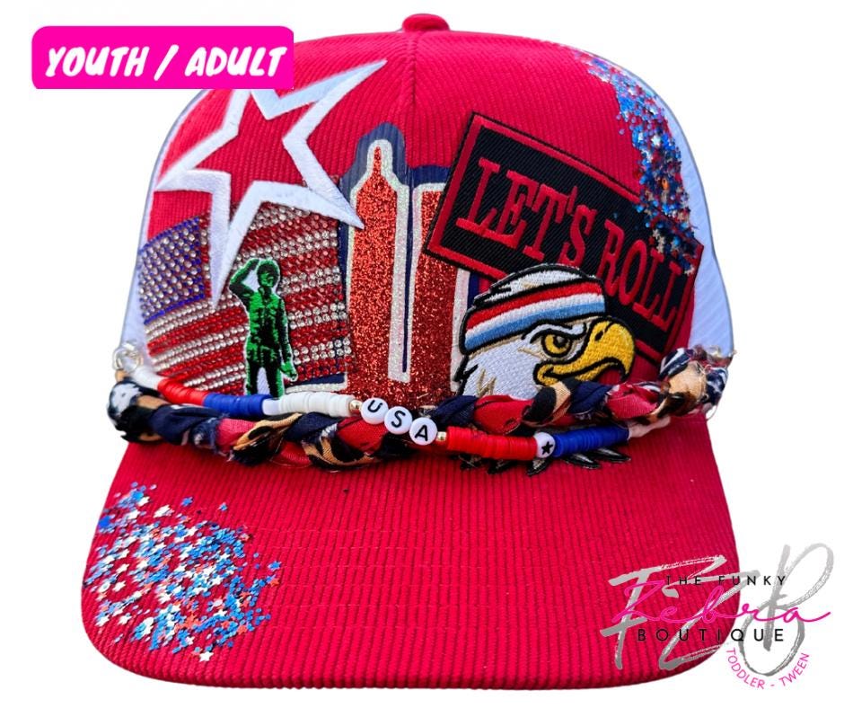 Adult Patriotic 4th of July Let's Roll Red Corduroy Foam Trucker Patch Applique Hat - Fits Youth - Adult