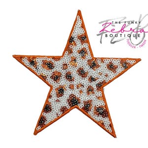 Sequin Leopard Print Orange, Black and White Star Embroidered Iron On Patch