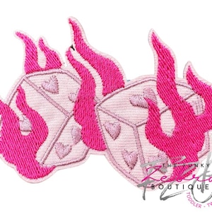Pink Flaming Fire Dice Embroidered Iron On Patch