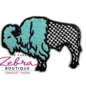 Checkered Print Buffalo Bison Turquoise Embroidered Iron On Patch