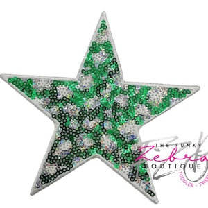 Sequin Leopard Print Green, Silver and White Star Embroidered Iron On Patch