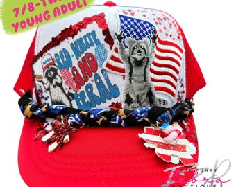 YOUTH Patriotic 4th of July Red White Feral Raccoon Foam Trucker Patch Applique Hat - 7|8 - Youth