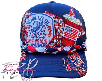 Kids Patriotic You Look Like the 4th of July Navy Patch Applique Foam Trucker Hat - Fits 3T-7|8