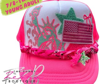 YOUTH Otto Patriotic 4th of July Lady Liberty Aqua Mint & Neon Pink Patch Foam Trucker Hat - Fits 7|8-Youth Young Adult