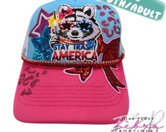 Adult Patriotic Designer Stay Trashy America Raccoon Blue & Pink Patch Foam Hat - Youth - Adult