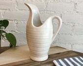 Vintage Ridged Boho Stoneware Flower Vase Pitcher in White Farmhouse Style