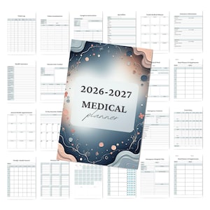 Puede incluir: Un planificador médico 2026-2027 con una cubierta decorativa azul, melocotón y blanca. El planificador incluye secciones para el seguro médico, citas y un diario de alimentos. La cubierta tiene el texto "2026-2027 MEDICAL planner".