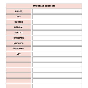 May include: A printable emergency contact sheet titled "Emergency Contact". It features sections for important contacts like police, fire, doctor, and medical, with blank spaces for details. The sheet has a pink header and pink labels for each category.