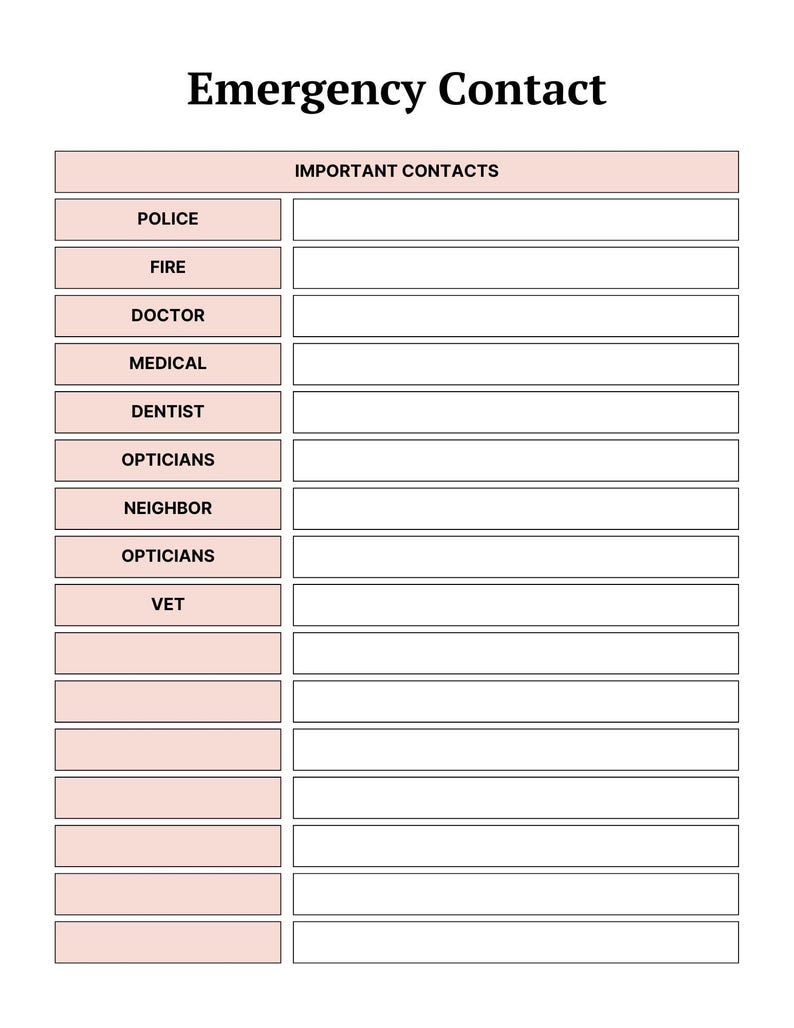 May include: A printable emergency contact sheet titled "Emergency Contact". It features sections for important contacts like police, fire, doctor, and medical, with blank spaces for details. The sheet has a pink header and pink labels for each category.