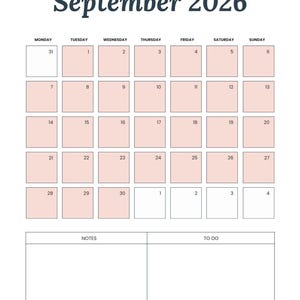 May include: A September 2026 calendar page with a grid of dates in a light pink hue. The month and year are written in a dark blue, cursive font. Includes sections for notes and to-do lists at the bottom of the page.
