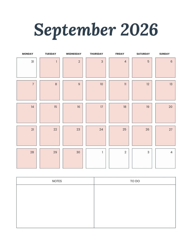 May include: A September 2026 calendar page with a grid of dates in a light pink hue. The month and year are written in a dark blue, cursive font. Includes sections for notes and to-do lists at the bottom of the page.