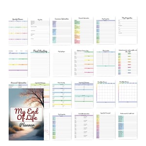 May include: A set of printable planner pages featuring sections such as "Yearly Planner," "My Pets," and "Insurance Information." The planner's cover displays "My End Of Life Planner" with a landscape image. The pages are organized with colourful headers.
