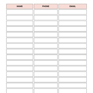 May include: A white contact list template with the title "Contact List" in black text at the top. The template has three columns labelled "NAME", "PHONE", and "EMAIL" in a light pink header. Rows are provided for contact information.
