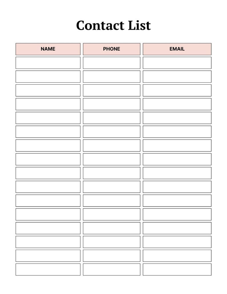 May include: A white contact list template with the title "Contact List" in black text at the top. The template has three columns labelled "NAME", "PHONE", and "EMAIL" in a light pink header. Rows are provided for contact information.
