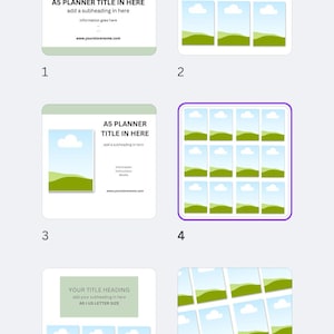 Pode incluir: Uma coleção de modelos de planejador com gráficos de paisagens e céu. Cada modelo apresenta áreas de texto para títulos, subtítulos e informações do site. Os modelos são projetados para tamanhos A5 e US Letter.