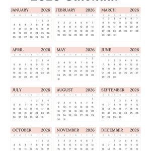 May include: 2026 calendar with monthly layouts. Each month is displayed in a separate block with dates and days of the week. The calendar has a soft pink header and a white background.