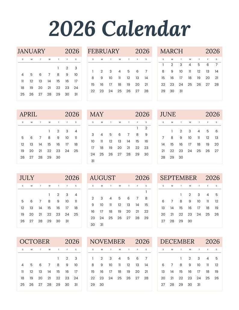 May include: 2026 calendar with monthly layouts. Each month is displayed in a separate block with dates and days of the week. The calendar has a soft pink header and a white background.