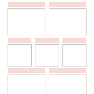 May include: A white vision board featuring a grid of blank rectangular spaces, outlined in black. The top and horizontal sections are accented with a pale pink colour, and the words "Vision Board" are at the top.