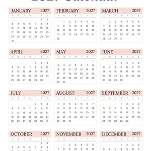 May include: A 2027 calendar with a simple layout. Each month is presented in its own box, with a pale pink header. The calendar shows the days of the week and dates.
