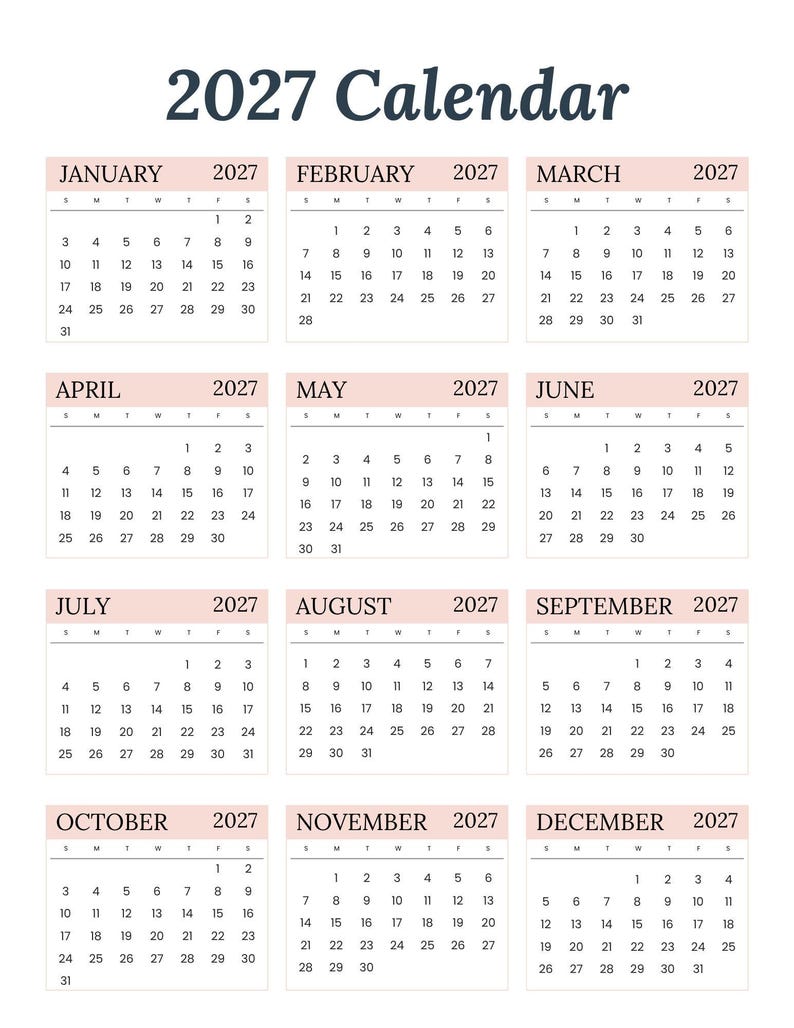 May include: A 2027 calendar with a simple layout. Each month is presented in its own box, with a pale pink header. The calendar shows the days of the week and dates.