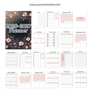May include: A 2026-2027 planner with a floral design on the cover. The planner includes sections for notes, weekly and monthly planning, calendars, and contact information. The pages have a white and pink colour scheme.