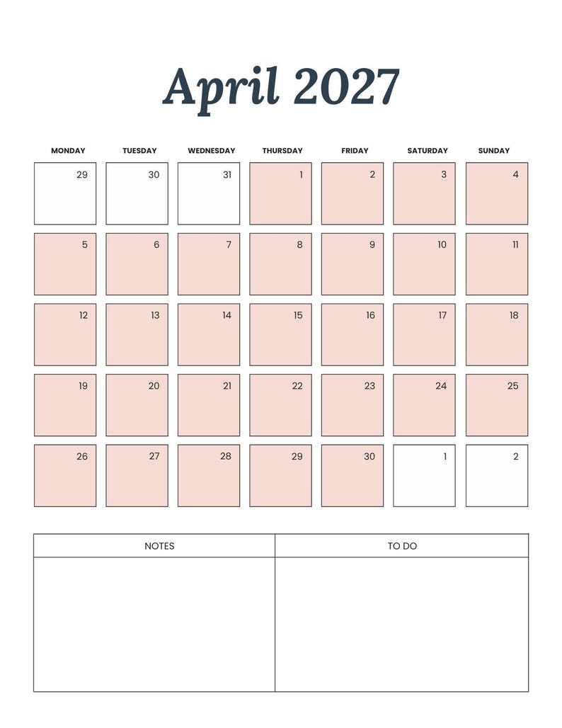 May include: A simple calendar for April 2027. The title "April 2027" is in a dark blue script font. The days of the week are across the top, with dates in a grid of pink and white squares. Includes space for notes and to-do lists at the bottom.