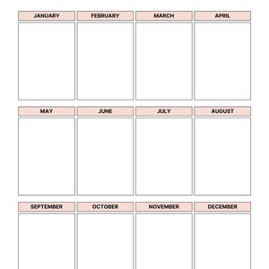 May include: A white yearly planner with a black title and month labels in a pink rectangular box. The planner is divided into 12 months, each with a blank rectangular space for notes and appointments.