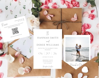 May include: Wedding stationery set with a white invitation card bearing the names "Hannah Smith and Derek Williams" and wedding details. Includes RSVP card, photo, and floral envelope. Scattered pink and white flower petals.