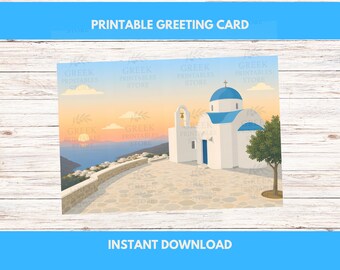 Greek Name Day Card – Nisyros Church Sunset Illustration (Digital Download)