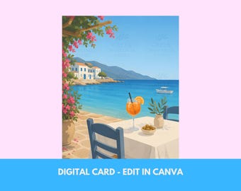 Greek Mother Greeting Card - Apéritif Beach | Printable Canva Template (Digital Download)
