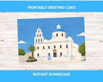 Santorini Church Greeting Card – Greek Name Day, Cyclades Illustration (Digital Download)