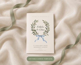 Greek Orthodox Wedding Program Template, Olive Wreath Ceremony Booklet, A5 & Half Letter, Editable Canva, Greek Wedding Programme
