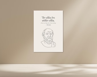 Arte mural con cita de Sócrates – Imprimible en griego antiguo / «No sé nada» – Arte lineal minimalista – Descarga digital – Decoración de filosofía griega