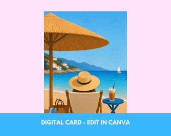 Greek Mother Greeting Card - Frappe Beach | Printable Canva Template (Digital Download)