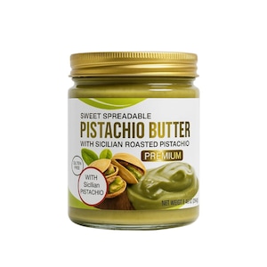 May include: A jar of pistachio butter with a gold lid. The label reads "Sweet Spreadable Pistachio Butter with Sicilian Roasted Pistachio." The jar contains a light green, creamy spread. The net weight is 8.46 oz (240g).