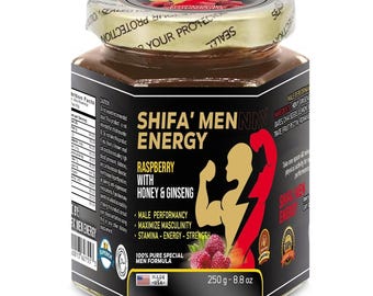 Crema energética Shifa’ Men con frambuesa, miel y ginseng – Mermelada de frutas natural para obtener energía diaria. 250 g (8.8 oz)