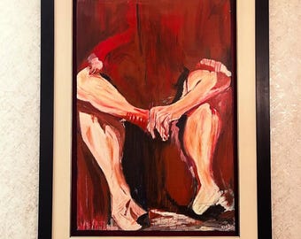 Può includere: Un dipinto astratto in una cornice nera con un bordo interno color crema. L'opera raffigura figure umane in tonalità di rosso e carne, con pennellate visibili e un focus sulla forma e l'emozione.