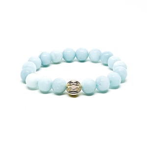 Natural Aquamarine Stretch Bracelet with Gold Accent, 10mm Gemstone Beads.