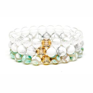Beaded Stretch Bracelet Set, White Howlite and Crystal with Gold Accents, 3 Pieces.
