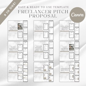 May include: A digital template bundle for freelancers, featuring nine different proposal templates. The templates include options for cold outreach, client follow-up, and rate sheets. The design is clean and modern, with a neutral color palette and the Canva logo.