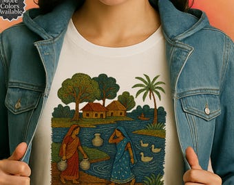 以下が含まれることがあります： クリーム色のTシャツ。2人の女性が水瓶を運び、ヤシの木と「バングラデシュ」の文字が金色で描かれた、村の風景のカラフルなイラストが特徴です。デニムジャケットを着た人が着用しています。