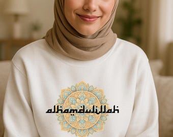 Sweater met Arabische kalligrafie Alhamdulillah: bescheiden islamitisch sweatshirt voor moslimvrouwen