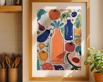 Minimalistisch Veggie Küche Druck, Buntes Essen Kunst (Digitaler Download)