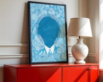 Surreale Gesichtslose Figur in Anzug Blau, Surreal Blau Portrait Kunstdruck (Digitaler Download)