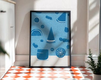 Blauer Obst Druck, Food Art, moderne Küche Wandkunst (Digitaler Download)