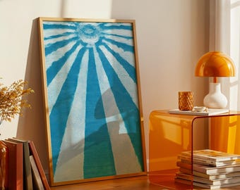 Blauer Batik-Sonnenuntergang - Boho Sonnenstrahlen - Wandkunst (digitaler Download)
