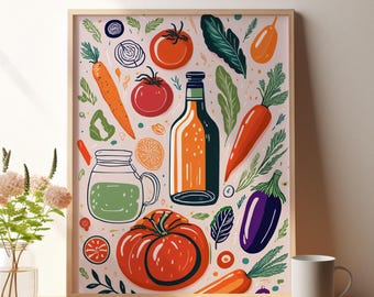 Minimalistisch Veggie Küche Druck, Buntes Essen Kunst (Digitaler Download)